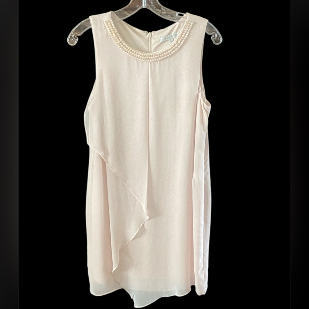 Sandra Darren Blush Pink Layered Chiffon Shift Dress with Pearl Neckline